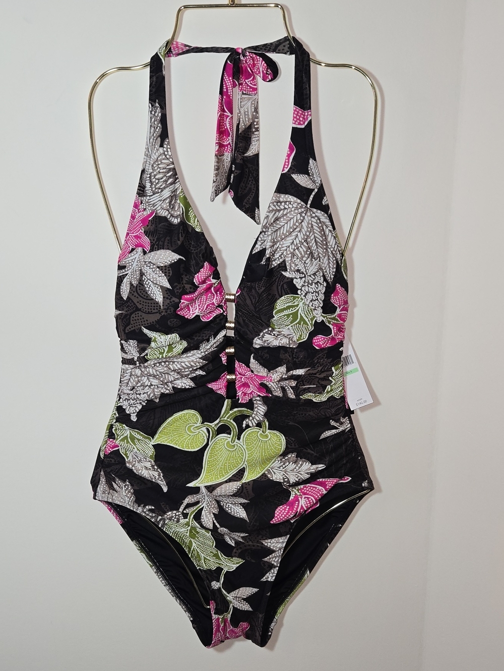 Carmen Marc Valvo Multicolor Floral Halter One-Piece Deep Plunge Neck NWT Size 8